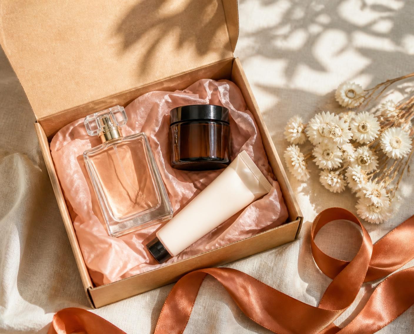 Caixa kraft aberta com perfume, creme e sempre-vivas brancas